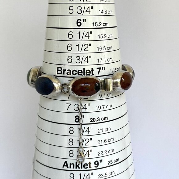 VTG Sterling Silver 925 Taxco Mexico Chunky Multi Gemstone Oval Link Bracelet - Picture 8 of 16